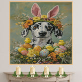 Dalmatian in Easter Attire, Cute Pet Portrait for Spring Home Decor, Holiday Gifts for Dog Lovers, Dog Wall Art on Canvas Wrap, Framed Print, or Rolled Artwork